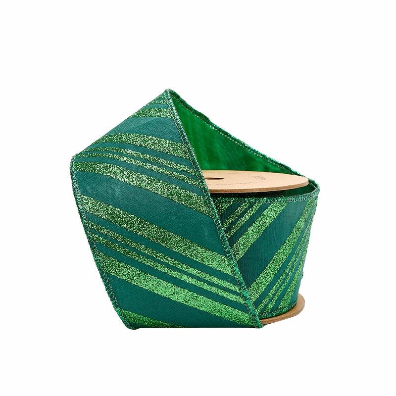 Dupioni |  2 1/2" Dupioni Wired Ribbon | Emerald Glitter Candy Stripe | 10 Yard Roll Dupioni Dupioni