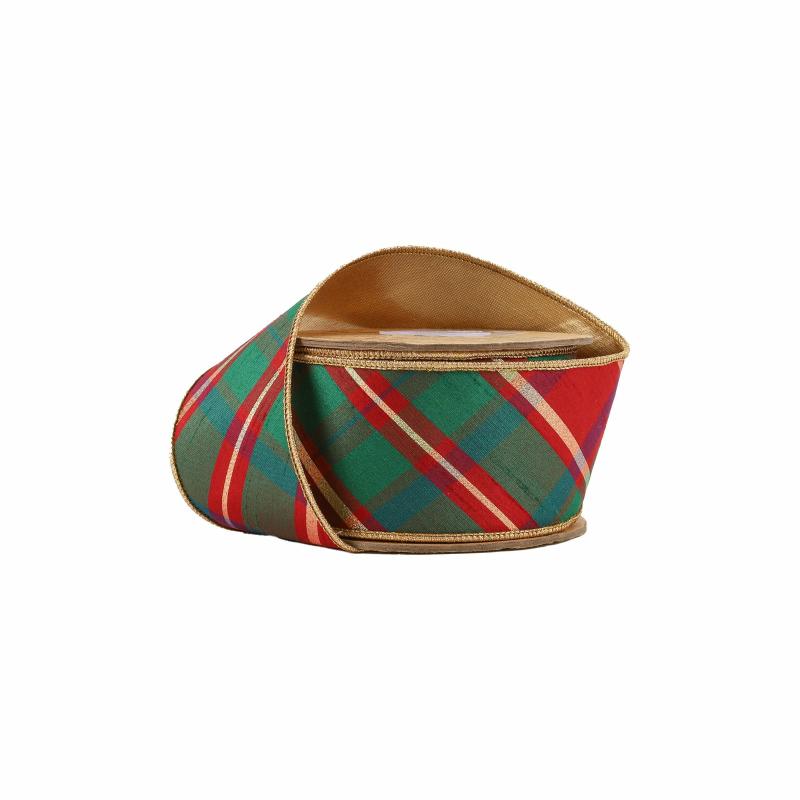 Dupioni |  2 1/2" Wired Dupioni Ribbon | Red/Green/Gold Plaid Bias Cut W/ Double-Fused Gold Backing | 10 Yard Roll Dupioni Dupioni