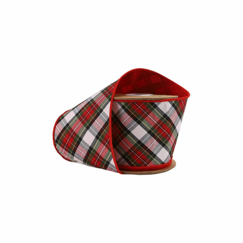 Dupioni |  4" Wired Dupioni Ribbon | Red/Green/Black/White Small Plaid Bias Cut Double-Fused Red Backing | 5 Yard Roll Dupioni Dupioni