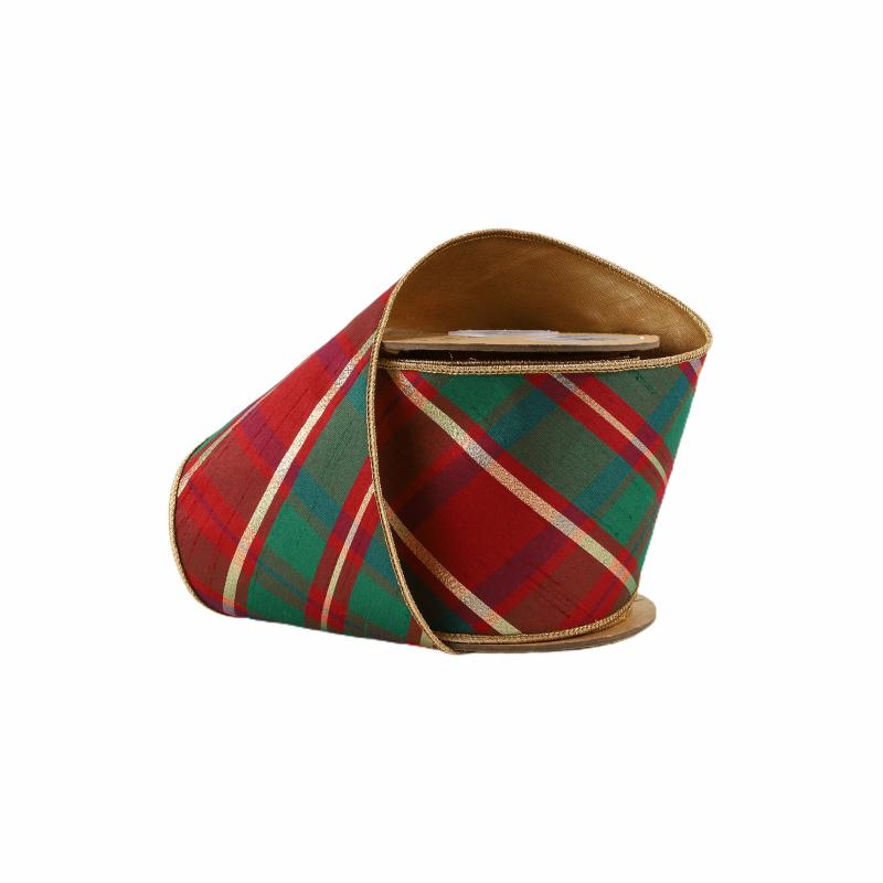 Dupioni |  4" Wired Dupioni Ribbon | Red/Green/Gold Plaid Bias Cut W/ Double-Fused Gold Backing | 10 Yard Roll Dupioni Dupioni