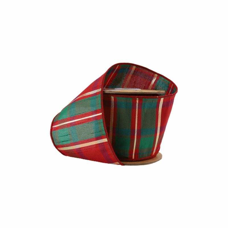 Dupioni |  4" Wired Dupioni Ribbon | Red/Green/Gold Plaid Check | 10 Yard Roll Dupioni Dupioni