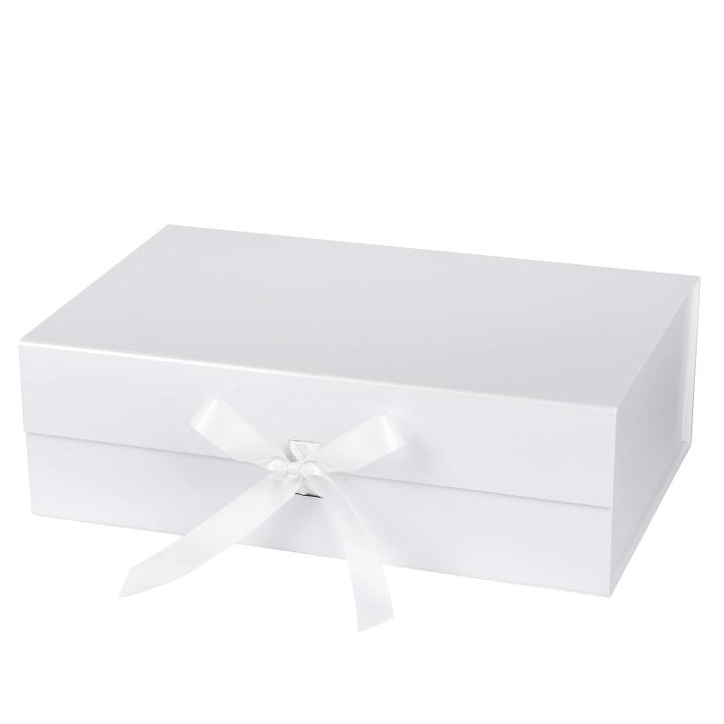 Everyday |  14" X 9" X 4.3" Collapsable Gift Box W/ Satin Ribbon & Magnetic Square Flap Lid | White Everyday Everyday