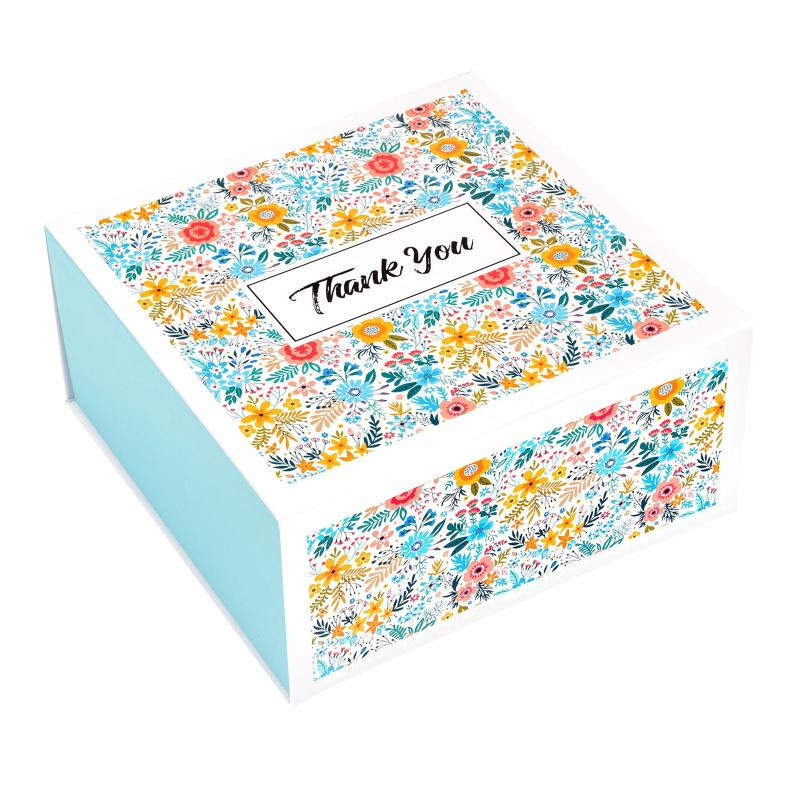 Everyday |  8" X 8" X 4" Collapsable Gift Box W/ 2-Pcs White Tissue Paper & Magnetic Square Flap Lid | Yellow Floral Everyday Everyday