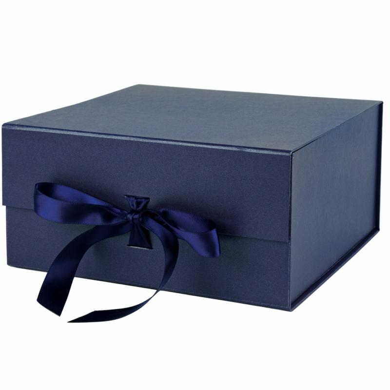 Everyday |  8" X 8" X 4" Collapsable Gift Box W/ Satin Ribbon & Magnetic Square Flap Lid | Navy Everyday Everyday