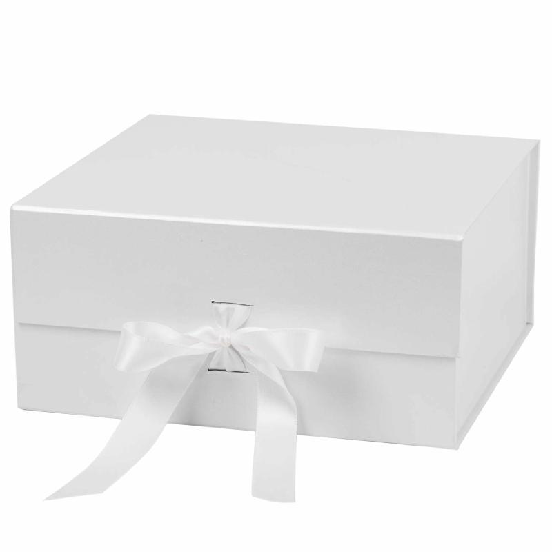 Everyday |  8" X 8" X 4" Collapsable Gift Box W/ Satin Ribbon & Magnetic Square Flap Lid | White Everyday Everyday