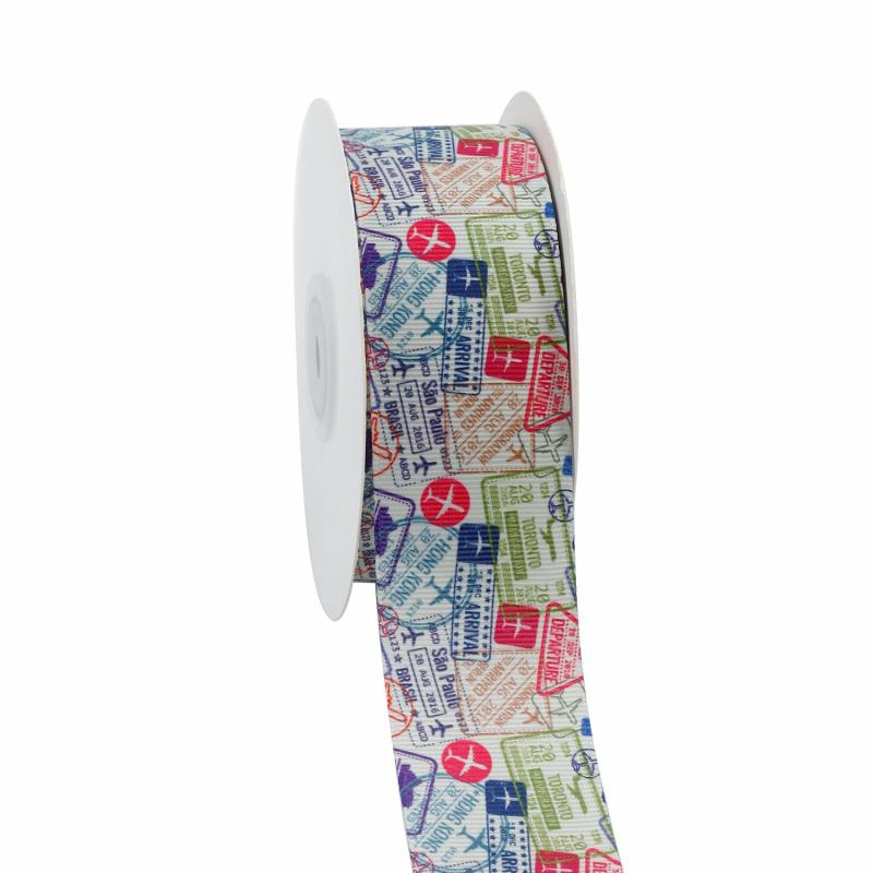 Grosgrain |  1 1/2" Printed Grosgrain Ribbon | Airmail Stamps | 100 Yard Roll Grosgrain Grosgrain