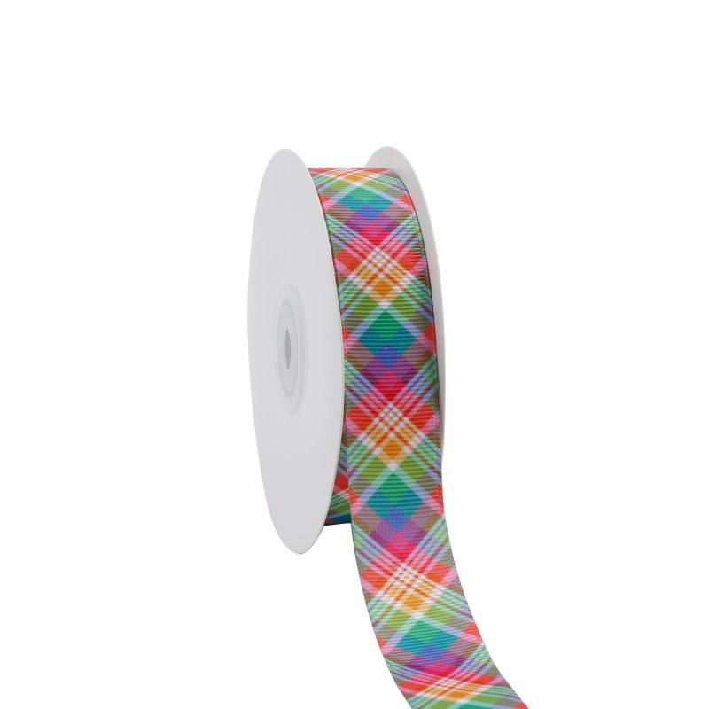 Grosgrain |  7/8" Printed Grosgrain Ribbon | Spring Plaid | 100 Yard Roll Grosgrain Grosgrain