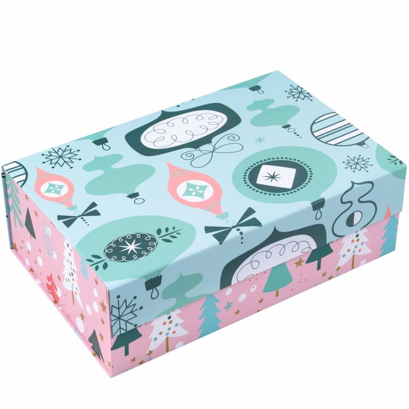 Holiday |  14" X 9" X 4.3" Collapsable Holiday Gift Box W/ 2-Pcs White Tissue Paper & Magnetic Square Flap Lid | Pink And Blue Christmas Ornaments Gift Boxes Holiday