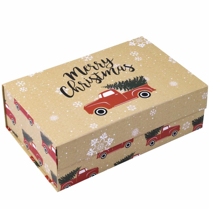 Holiday |  14" X 9" X 4.3" Collapsable Holiday Gift Box W/ 2-Pcs White Tissue Paper & Magnetic Square Flap Lid | Red Truck And Christmas Tree Gift Boxes Holiday