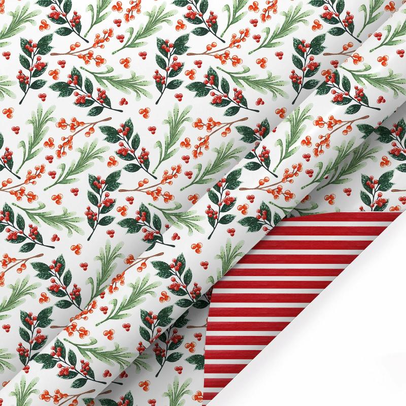 Holiday |  24" X 417′ Holiday Reversible Wrapping Paper Half Ream | Greens And Berries/Red And White Stripe Half Reams Half Reams