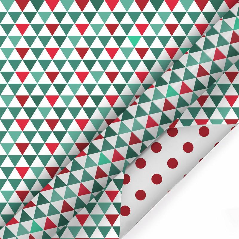 Holiday |  30" X 10′ Holiday Reversible Wrapping Paper | Multi-Colored Triangles/Red Polkadot On White Wrapping Paper Holiday