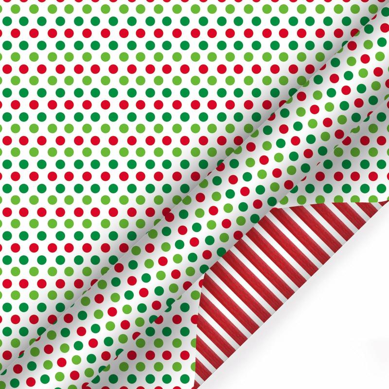 Holiday |  30" X 10′ Holiday Reversible Wrapping Paper | Red & Green Dots On White/Red & White Diagonal Stripe 10' Rolls 10' Rolls