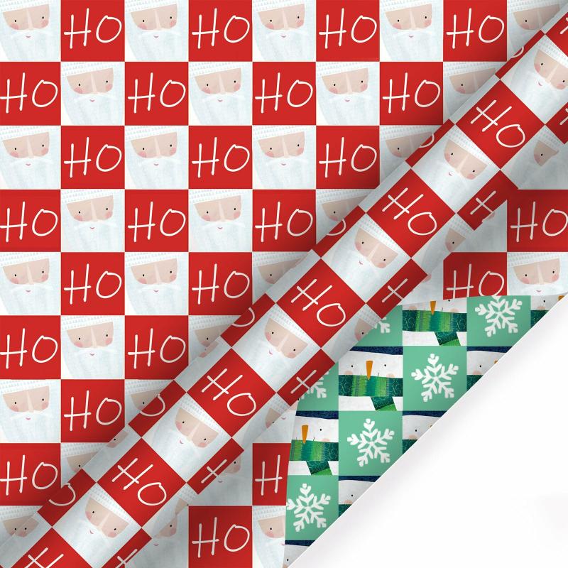 Holiday |  30" X 10′ Holiday Reversible Wrapping Paper | Santa Ho Checkerboard/Snowman Flake Checkerboard 10' Rolls 10' Rolls