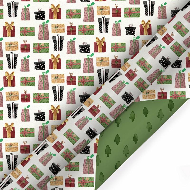 Holiday |  30" X 10′ Holiday Reversible Wrapping Paper | Watercolor Presents/Green Watercolor Trees 10' Rolls 10' Rolls