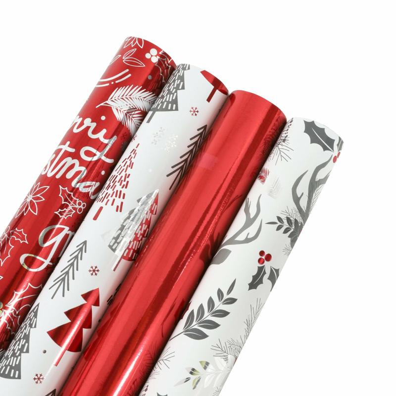 Holiday |  30" X 10′ Wrapping Paper Bundle | Red/Silver/Xmas Metallic Holiday Holiday