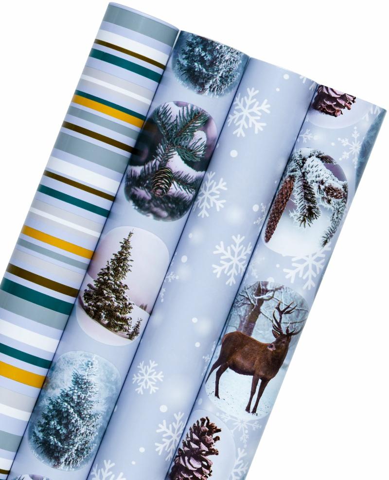 Holiday |  30" X 10′ Wrapping Paper Bundle | Snow Globe Printed/Lt. Blue/White Holiday Holiday