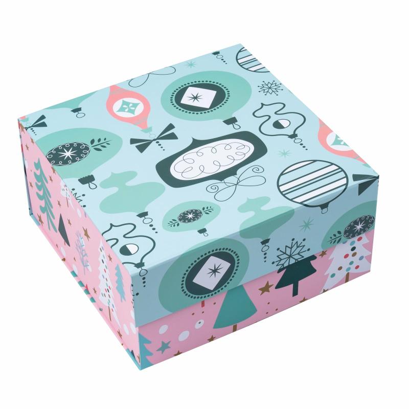 Holiday |  8" X 8" X 4" Collapsable Holiday Gift Box W/ 2-Pcs White Tissue Paper & Magnetic Square Flap Lid | Pink And Blue Christmas Ornaments Gift Boxes Holiday