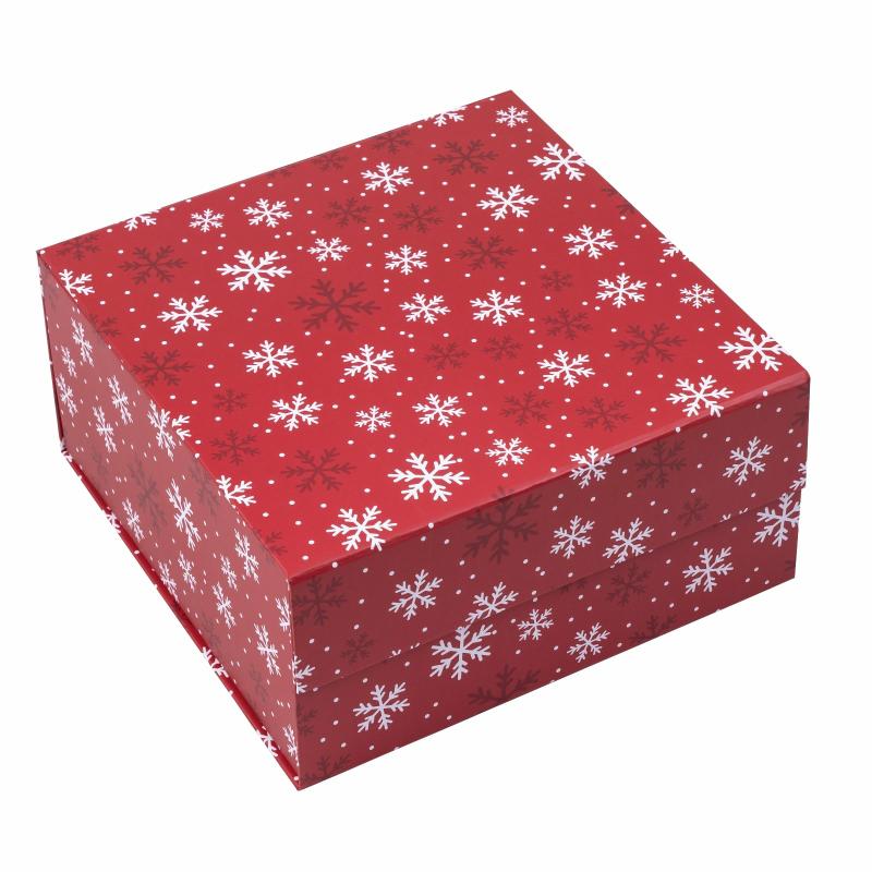 Holiday |  8" X 8" X 4" Collapsable Holiday Gift Box W/ 2-Pcs White Tissue Paper & Magnetic Square Flap Lid | Red Snowflake Gift Boxes Holiday