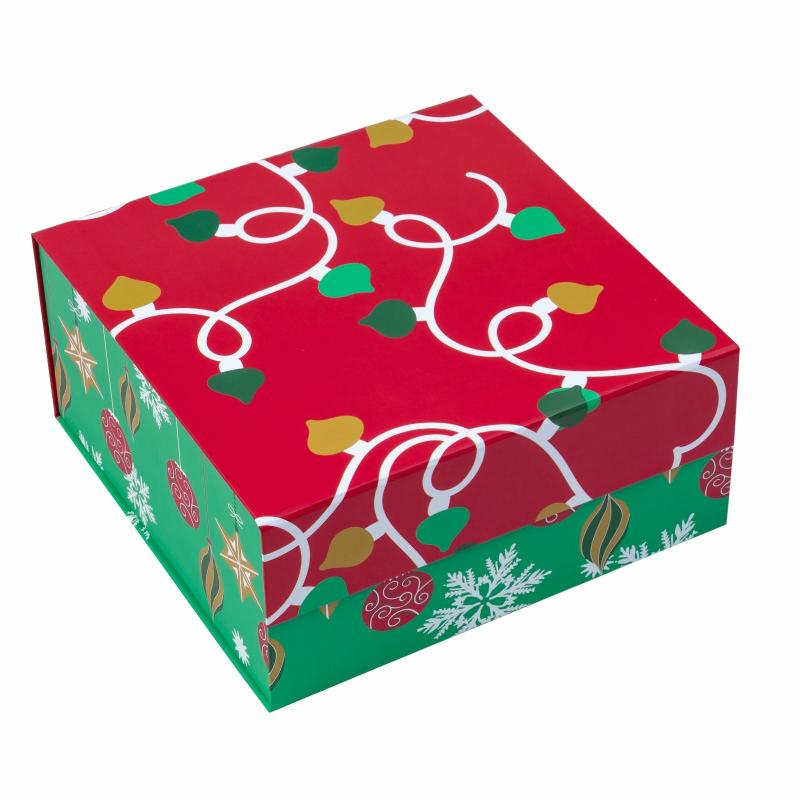 Holiday |  8" X 8" X 4" Collapsable Holiday Gift Box W/ 2-Pcs White Tissue Paper & Magnetic Square Flap Lid | Red/Green Christmas Ornaments Gift Boxes Holiday