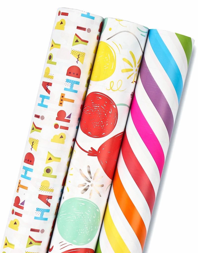 Multi-Packs |  17" X 10′ Birthday Mini Wrapping Paper Bundle | Happy Birthday/Balloons/Stripes Multi-Packs Minis (17")