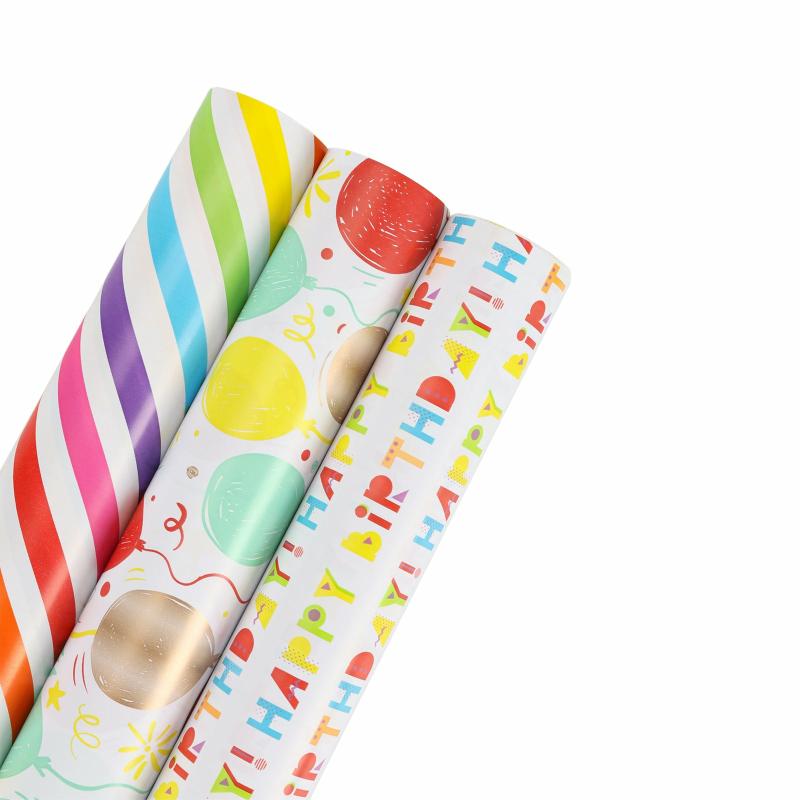 Multi-Packs |  30" X 10′ Birthday Wrapping Paper Bundle | Happy Birthday/Balloons/Stripes Multi-Packs Multi-Packs