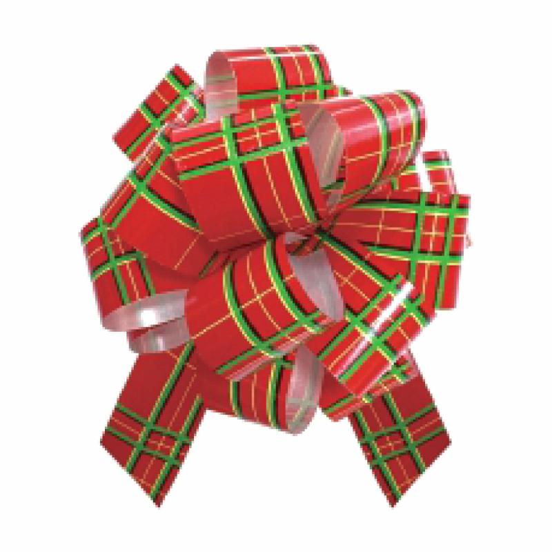 Pullbow |  25-Pcs 6" Printed Metallic Pull Bow | Holiday Plaid Gift Bows Pullbow