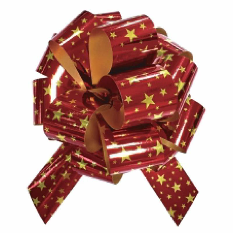 Pullbow |  25-Pcs 6" Printed Metallic Pull Bow | Red/Gold Stars Gift Bows Pullbow