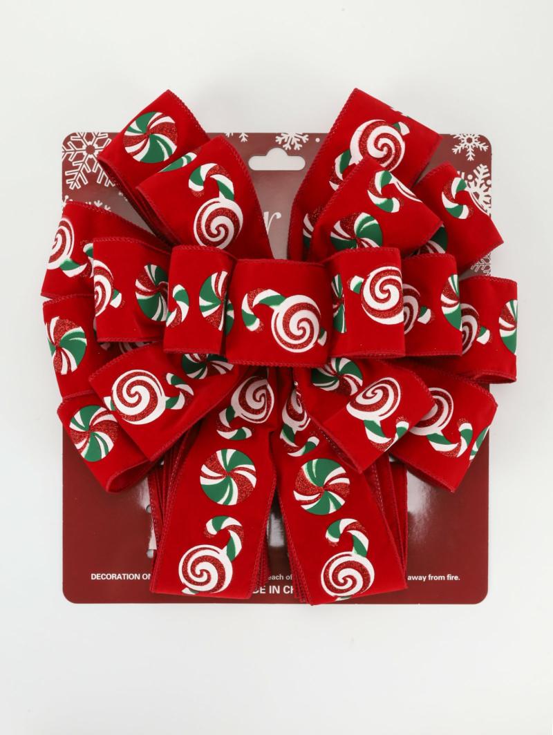 Tree Topper Bows |  13" Decorative Christmas Tree Topper Bow | "Puff Print Candy" Red Flocked Gift Bows Tree Topper Bows