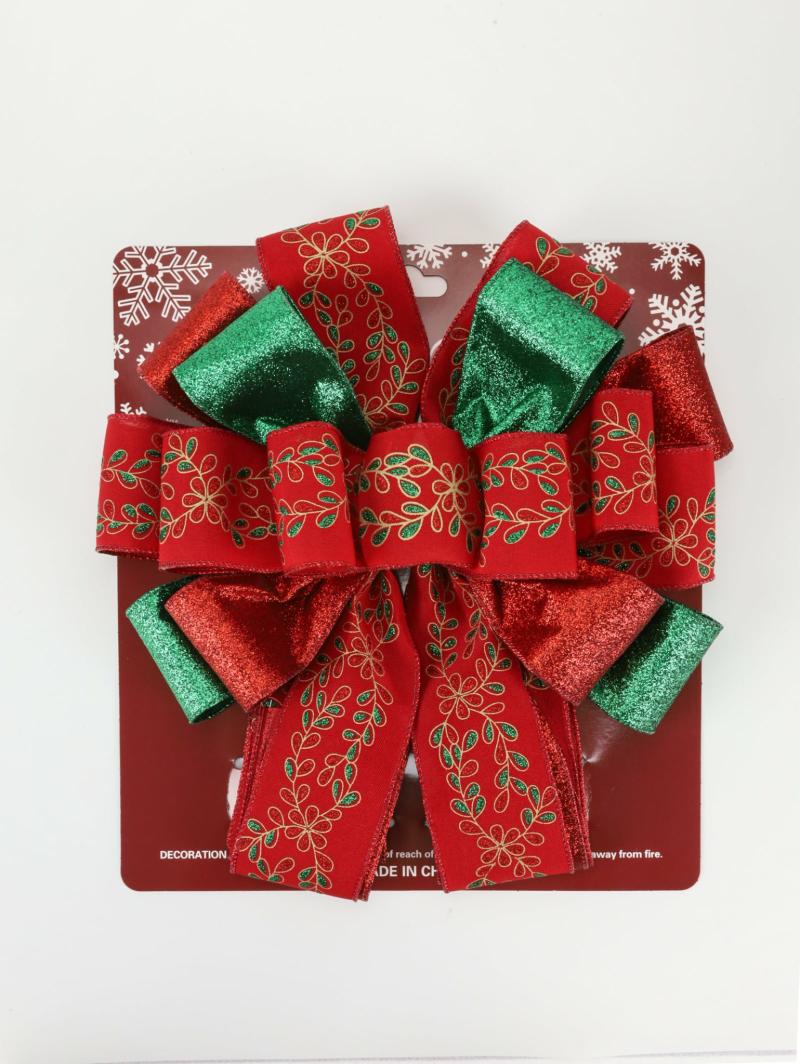 Tree Topper Bows |  13" Decorative Christmas Tree Topper Bow | Red/Green Glitter Printed Floral Gift Bows Tree Topper Bows