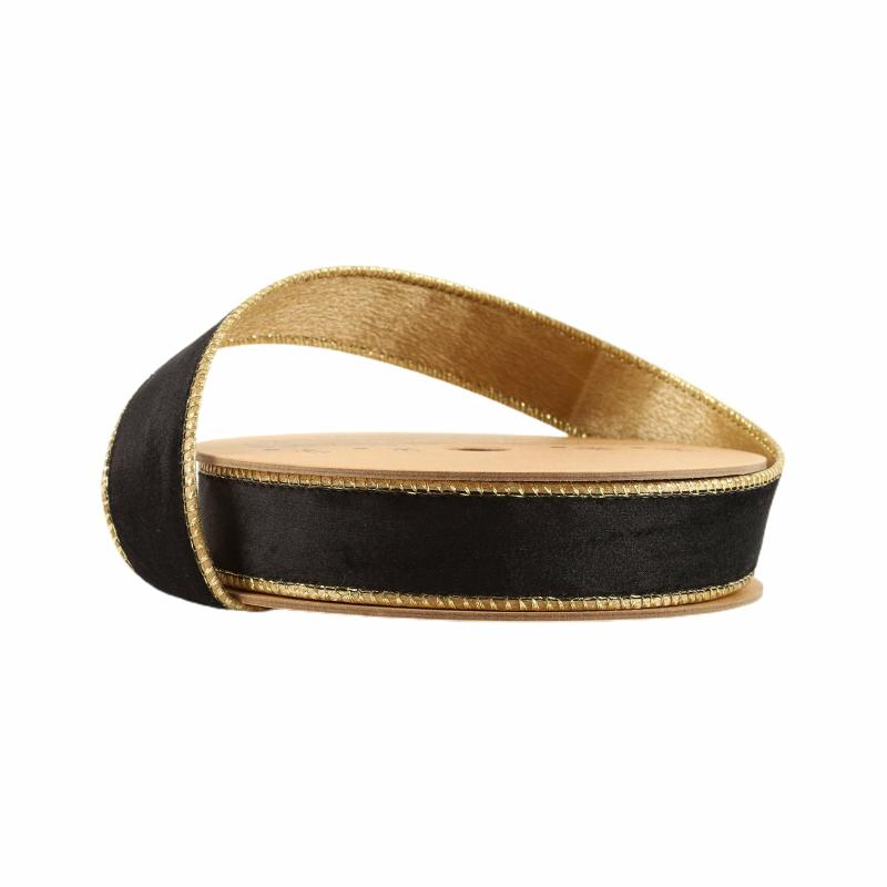 Velvet |  1" Reversible Classic Velvet Wired Ribbon | Black/Gold | 10 Yard Roll Ribbon Velvet