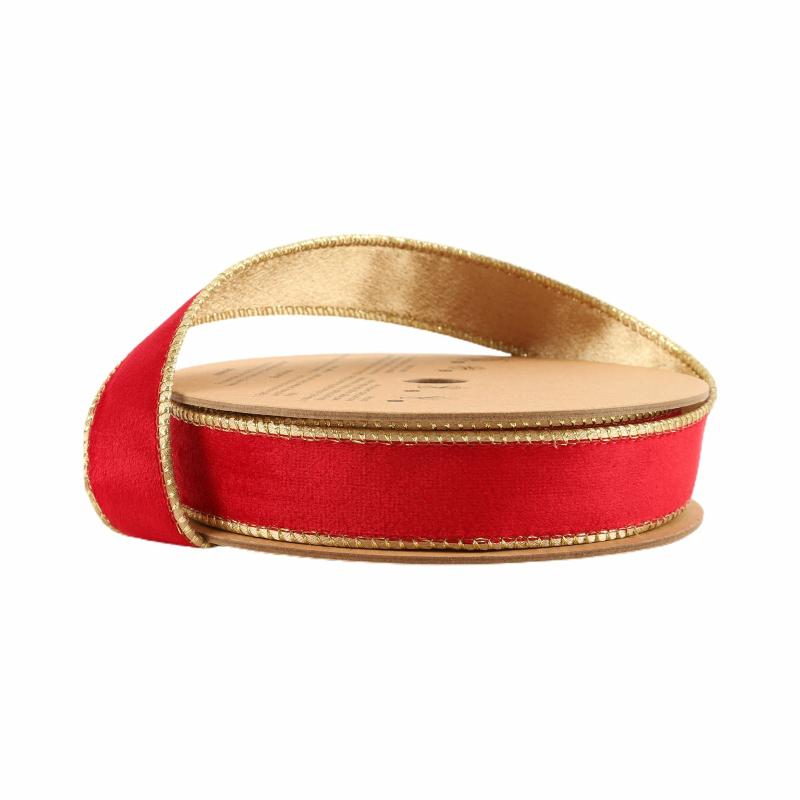 Velvet |  1" Reversible Classic Velvet Wired Ribbon | Christmas Red/Gold | 10 Yard Roll Ribbon Velvet