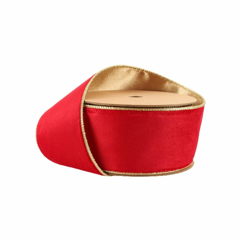 Velvet |  2 1/2" Reversible Classic Velvet Wired Ribbon | Christmas Red/Gold | 10 Yard Roll Ribbon Velvet