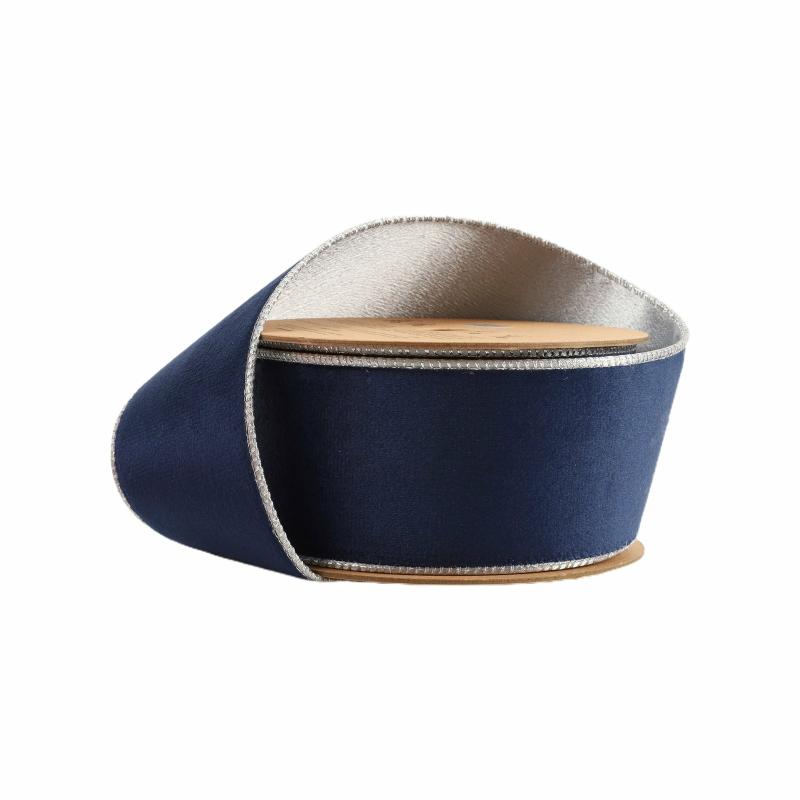 Velvet |  2 1/2" Reversible Classic Velvet Wired Ribbon | Navy/Silver | 10 Yard Roll Ribbon Velvet