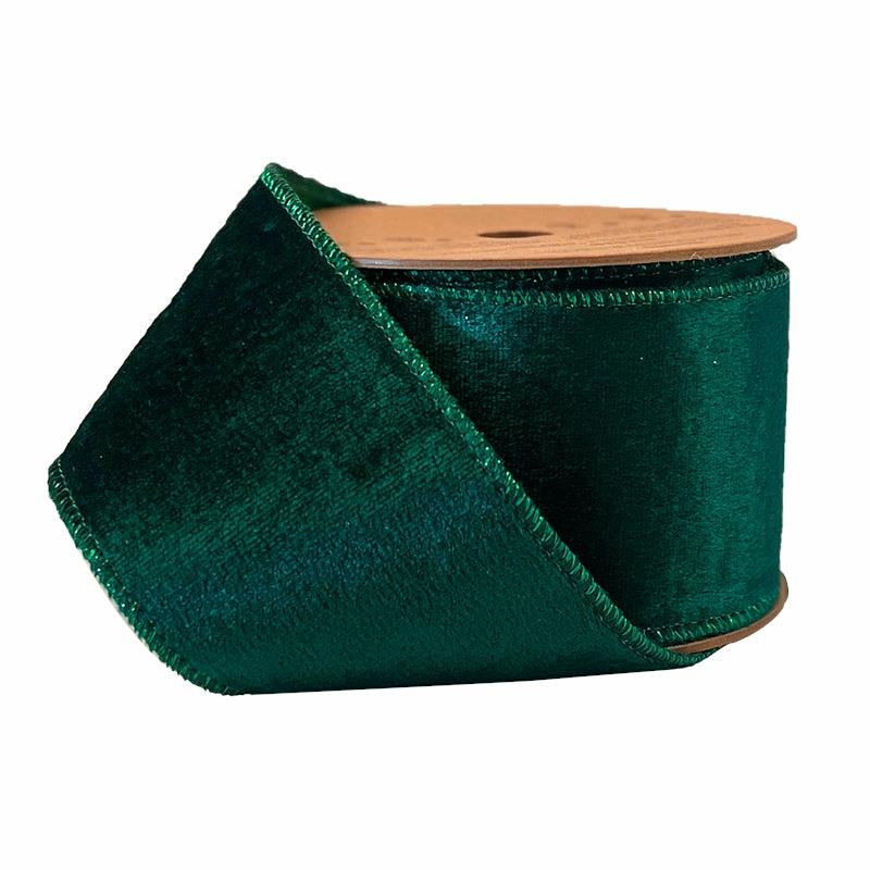 Velvet |  2 1/2" Reversible Velvet/Lurex Wired Ribbon | Green/Green | 10 Yard Roll Ribbon Velvet