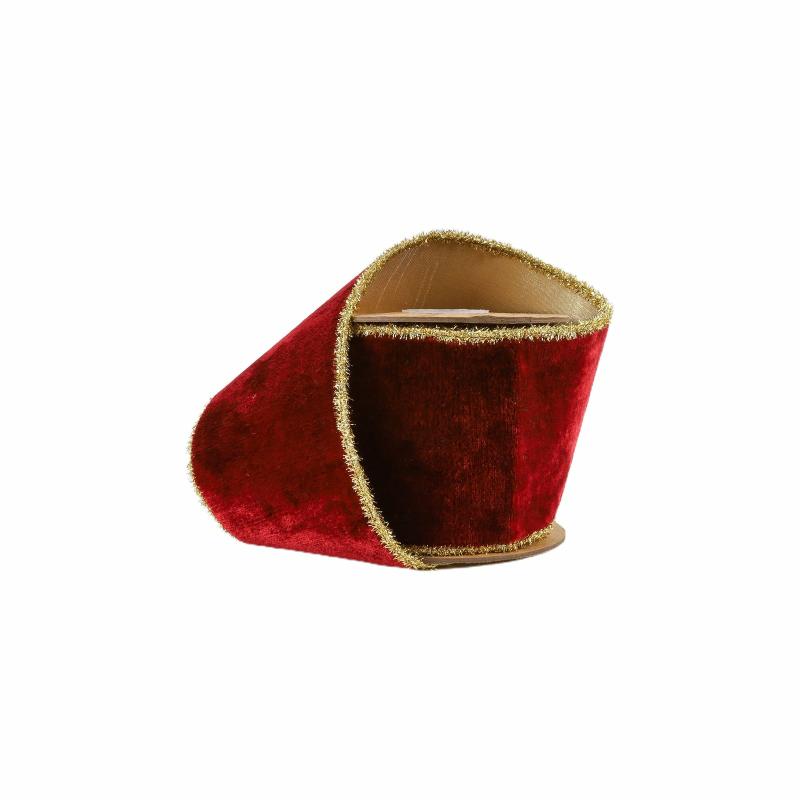 Velvet |  4" Wired Velvet Ribbon | Burgundy W/ Gold Tinsel Edge & Metallic Gold Backing | 5 Yard Roll Ribbon Velvet