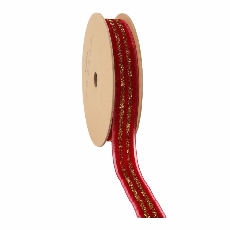 Velvet |  7/8" Striped Metallic Velvet Ribbon | Red/Gold | 10 Yard Roll Ribbon Velvet