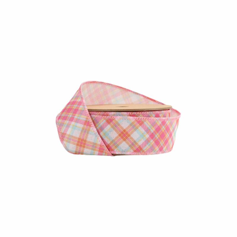 Wired |  1 1/2" Wired Ribbon | Pink Bias Plaid | 10 Yard Roll Ribbon Wired