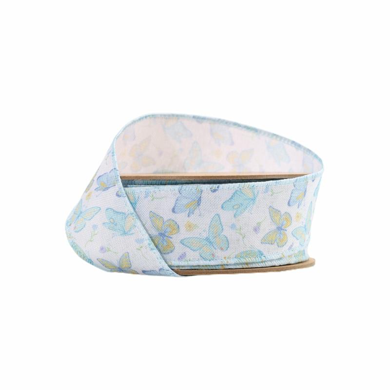 Wired |  1 1/2" Wired Ribbon | White/Blue Butterflies | 10 Yard Roll Ribbon Wired