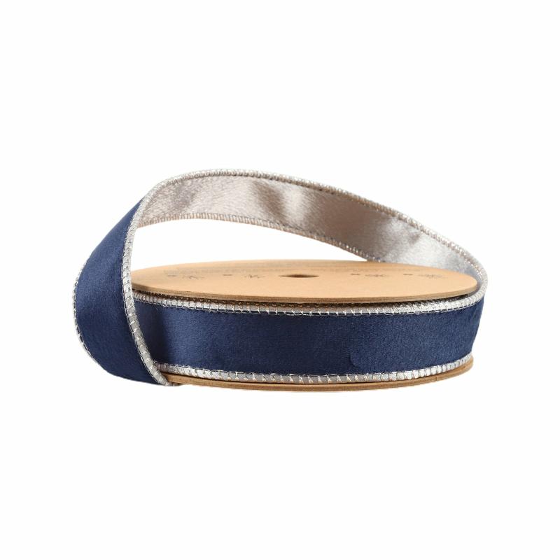 Wired |  1" Reversible Classic Velvet Wired Ribbon | Navy/Silver | 10 Yard Roll Ribbon Velvet