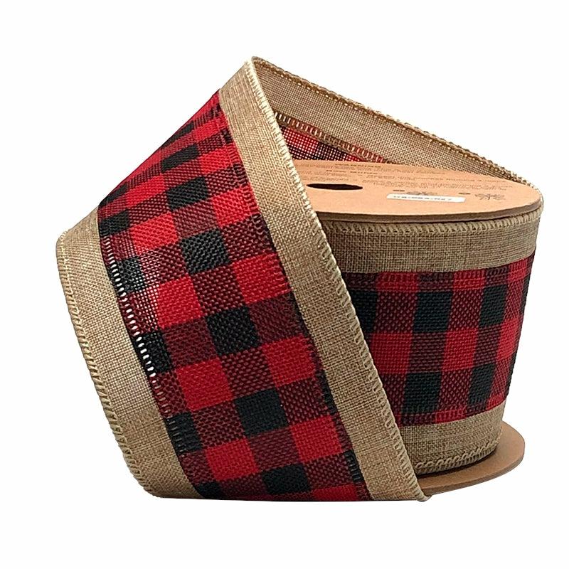 Wired |  2 1/2" Burlap Holiday Wired Ribbon | "Plaid" Natural/Black/Red | 10 Yard Roll Ribbon Wired