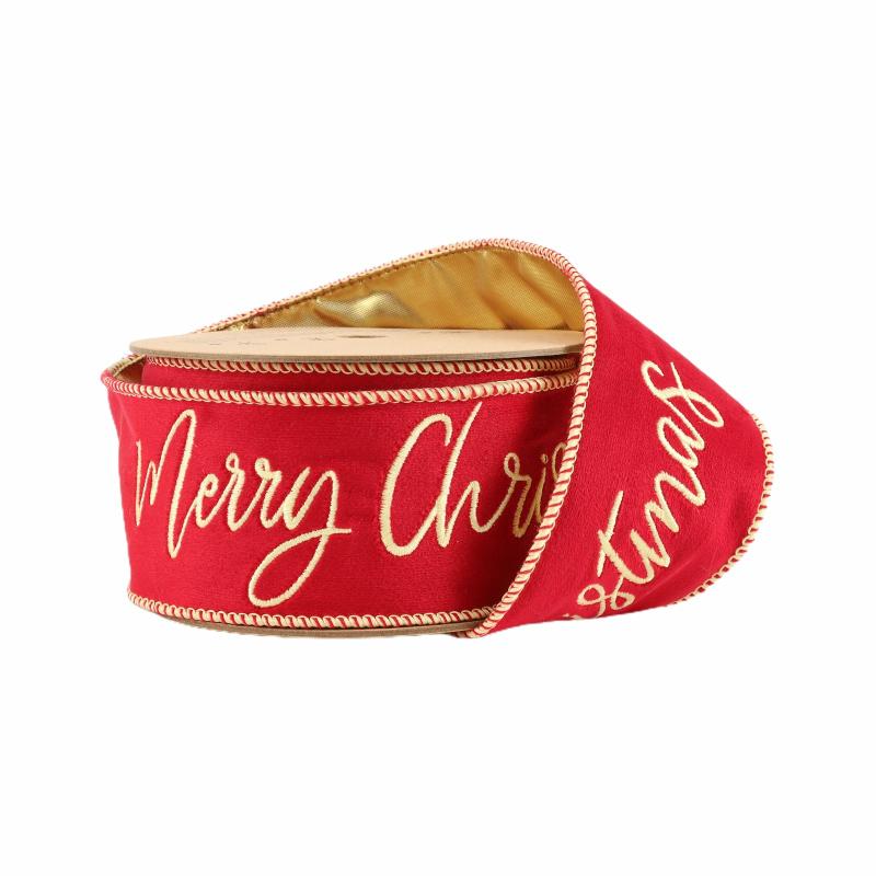 Wired |  2 1/2" Embroidery Velvet | Red Merry Christmas W/ Gold Backing | 5 Yard Roll Ribbon Velvet