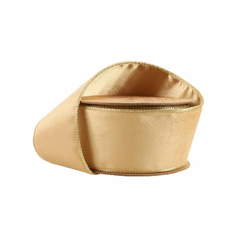 Wired |  2 1/2" Reversible Classic Velvet Wired Ribbon | Tan/Gold | 10 Yard Roll Ribbon Velvet