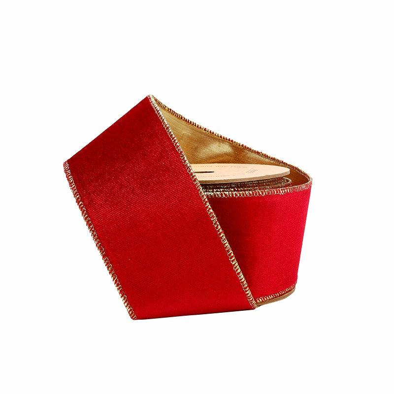 Wired |  2 1/2" Reversible Velvet/Lurex Wired Ribbon | Scarlet/Gold | 10 Yard Roll Ribbon Velvet