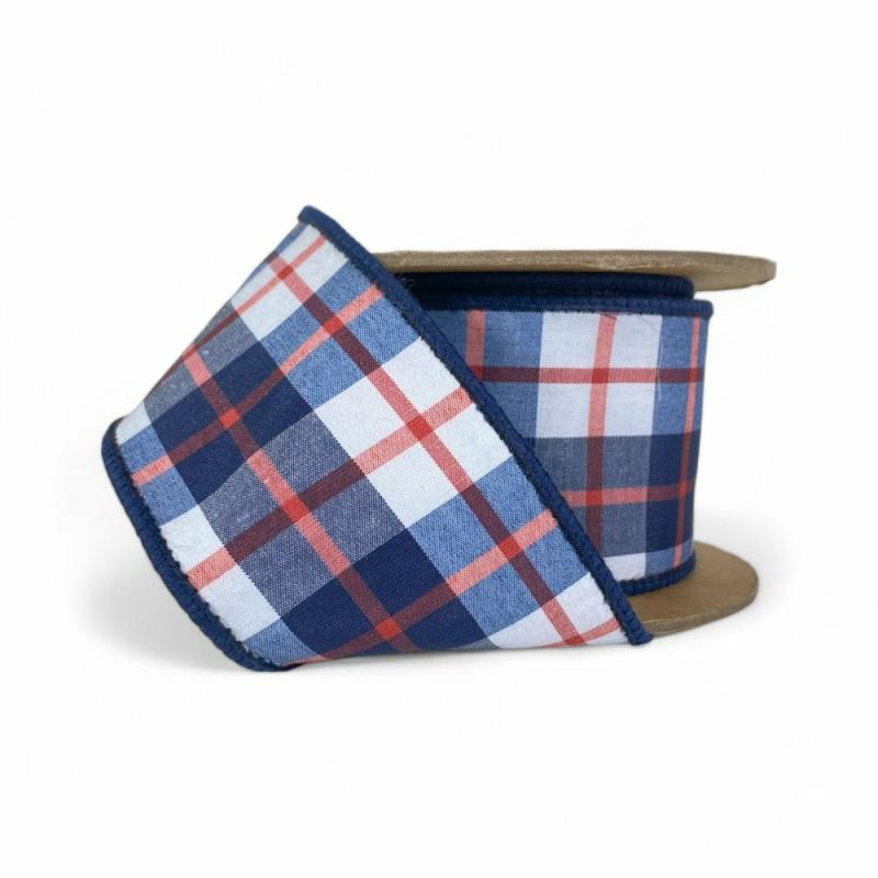 Wired |  2 1/2" Wired Dupioni Ribbon | Red/White/Blue Plaid | 10 Yard Roll Ribbon Wired