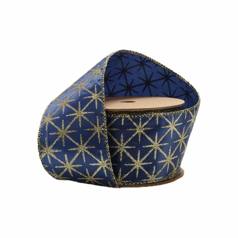 Wired |  2 1/2" Wired Ribbon | Blue Satin With Gold Stars | 10 Yard Roll Ribbon Wired