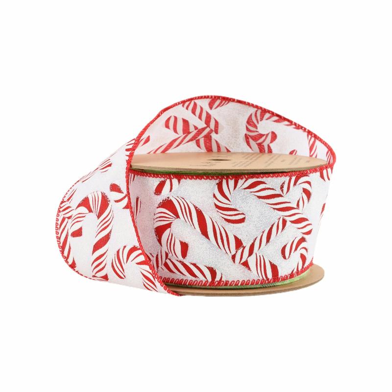 Wired |  2 1/2" Wired Ribbon | Candy Cane On White | 10 Yard Roll Ribbon Wired