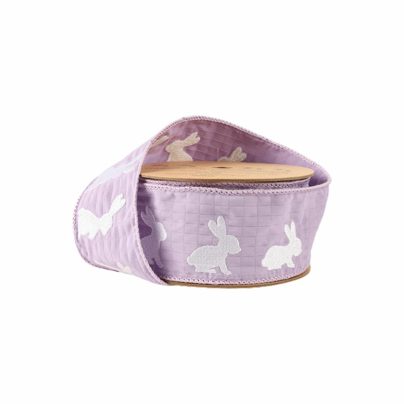 Wired |  2 1/2" Wired Ribbon | Embroidered Jumping Bunny White On Purple | 10 Yard Roll Ribbon Wired