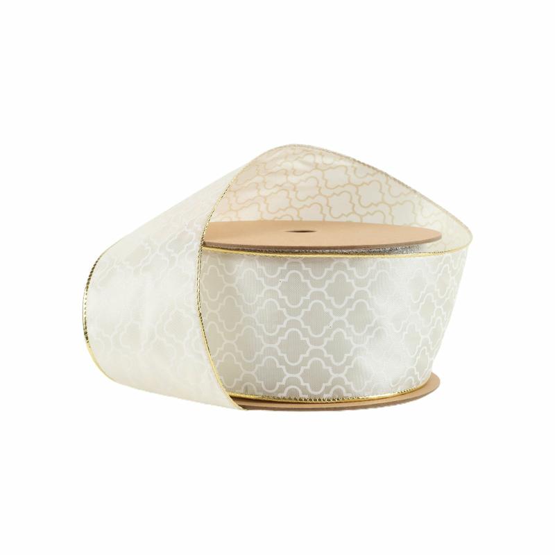 Wired |  2 1/2" Wired Ribbon | Geometry On Ivory | 10 Yard Roll Ribbon Wired