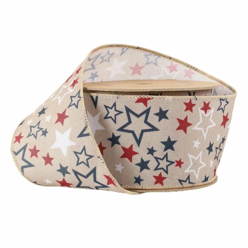 Wired |  2 1/2 Wired Ribbon | Natural W/ Allover Red/White/Blue Stars | 10 Yard Roll Ribbon Wired