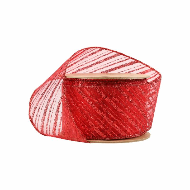 Wired |  2 1/2" Wired Ribbon | Red Stripe On Red Sheer | 10 Yard Roll Ribbon Sheer